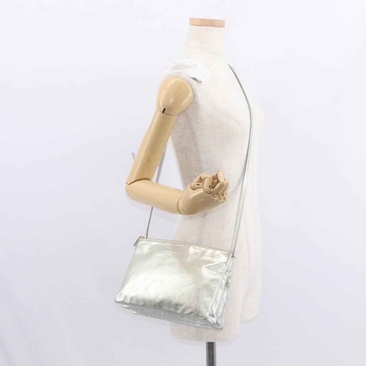 CELINE Trio large Shoulder Bag Leather Silver Gold Auth ka553