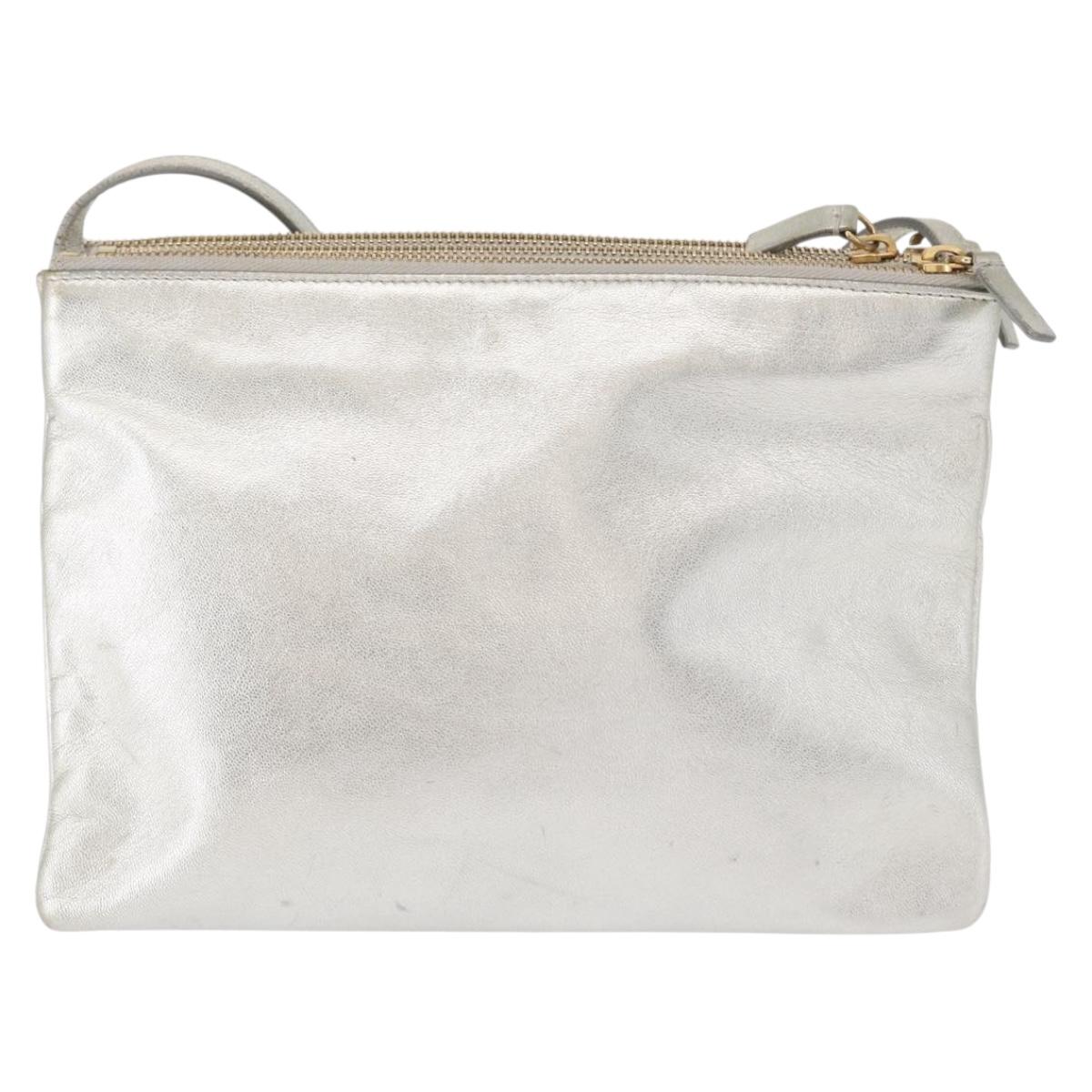 CELINE Trio large Shoulder Bag Leather Silver Gold Auth ka553