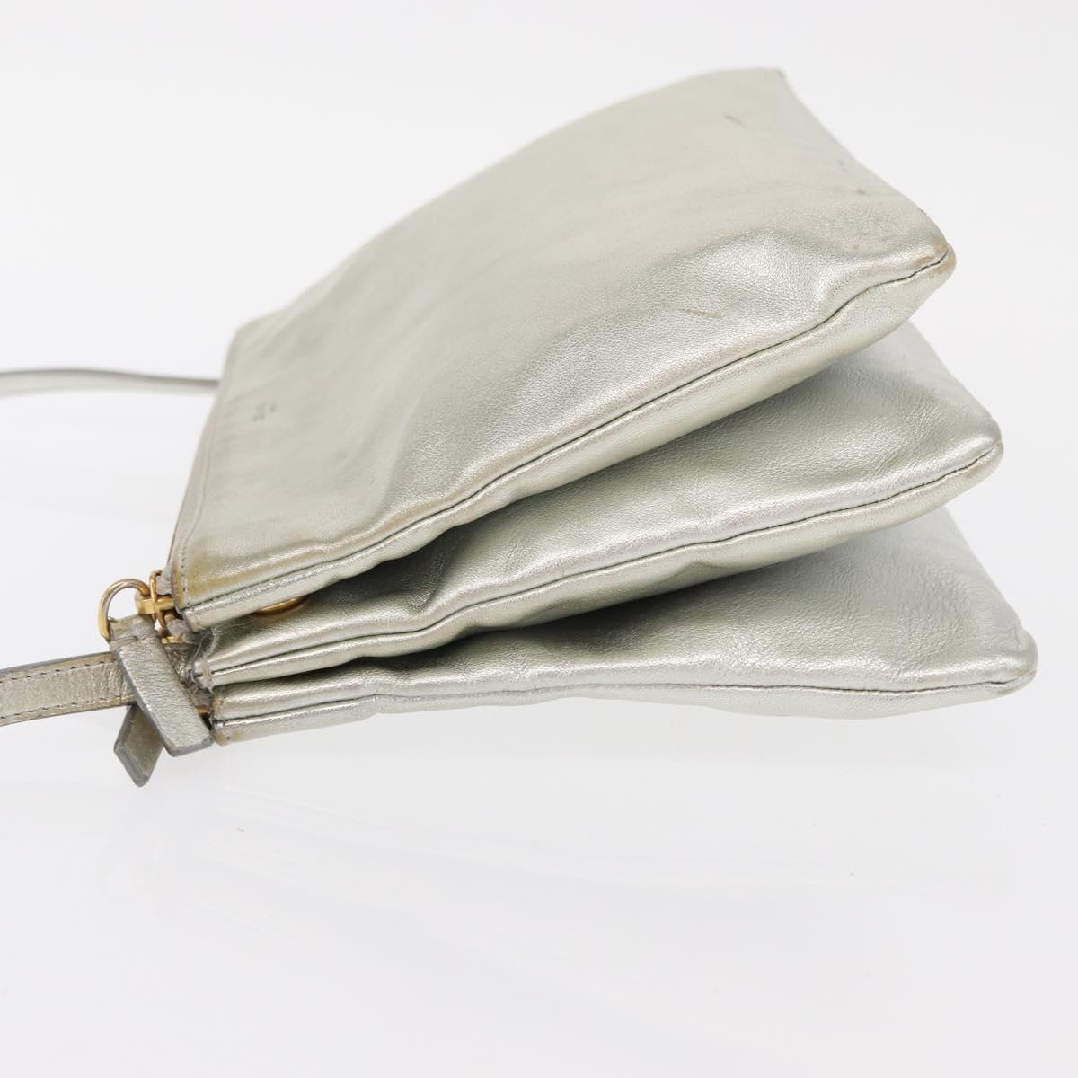 CELINE Trio large Shoulder Bag Leather Silver Gold Auth ka553