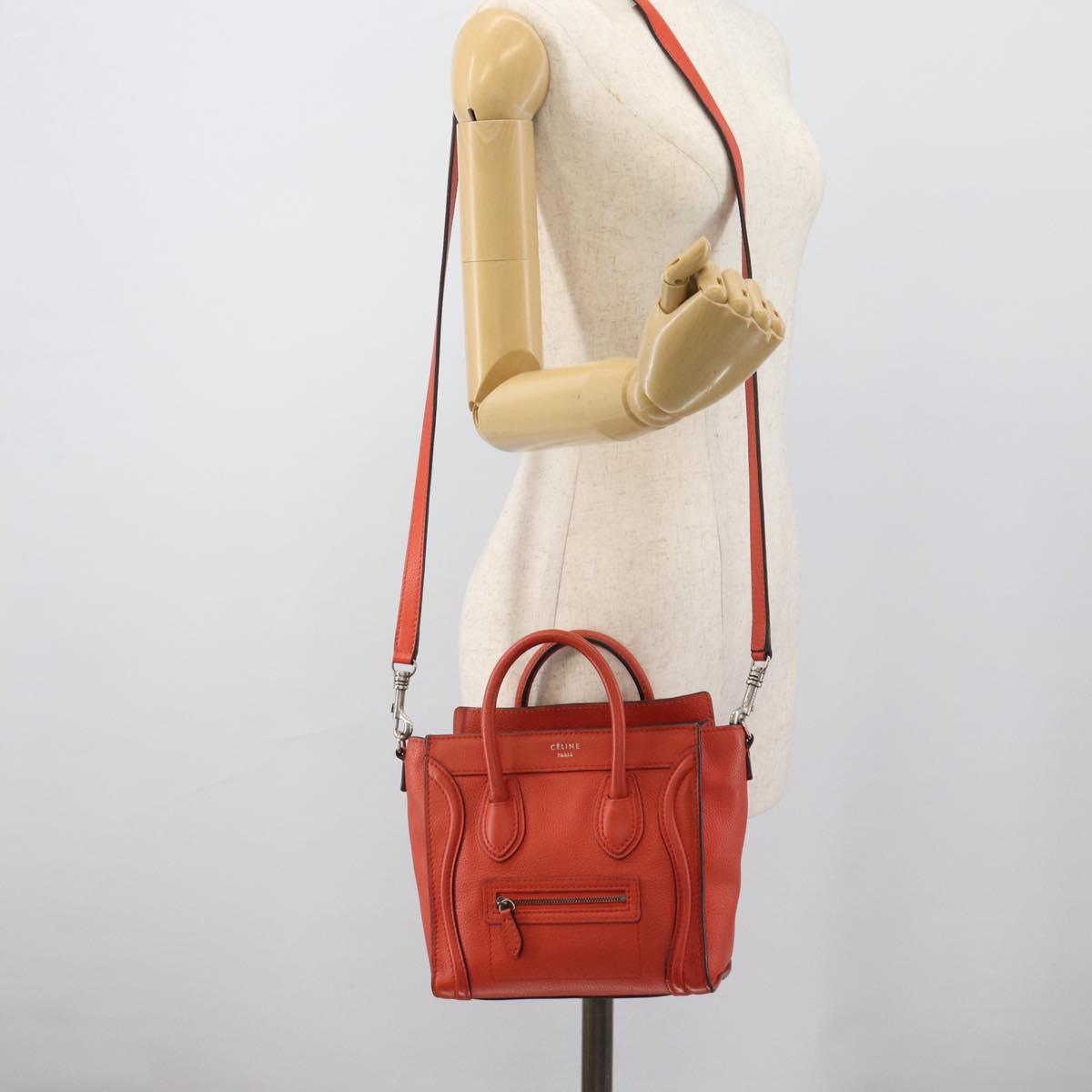 CELINE Luggage Nano Shopper Hand Bag Leather 2way Orange Silver Auth ka5539A