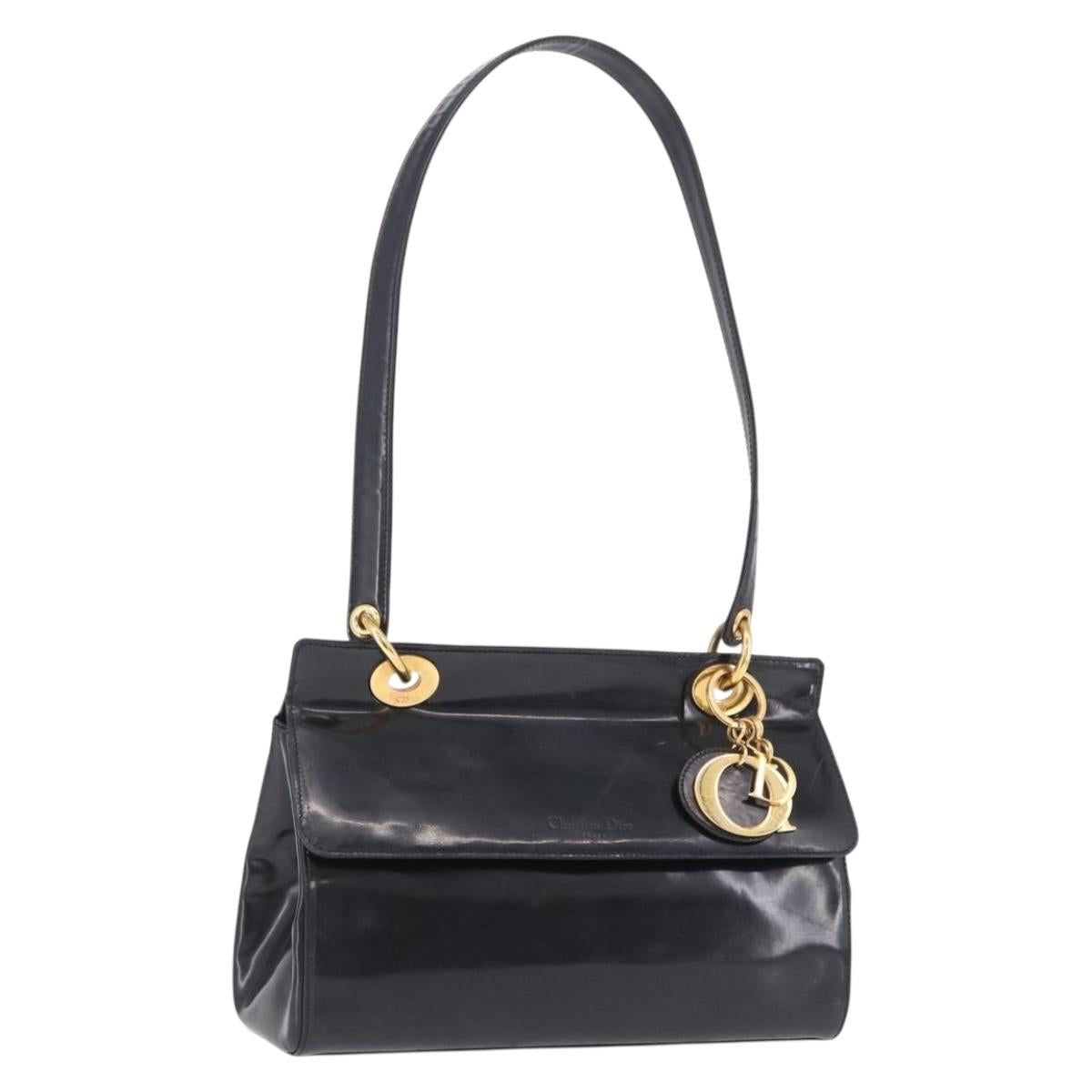Christian Dior Shoulder Bag Patent Black Gold Tone Auth ka5543