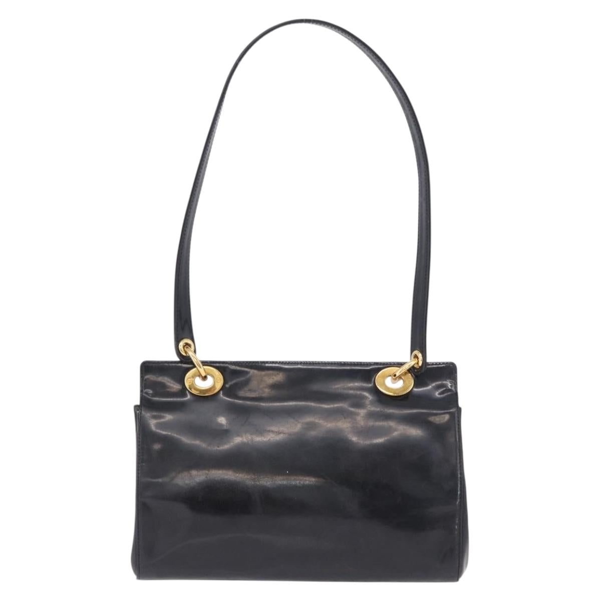 Christian Dior Shoulder Bag Patent Black Gold Tone Auth ka5543