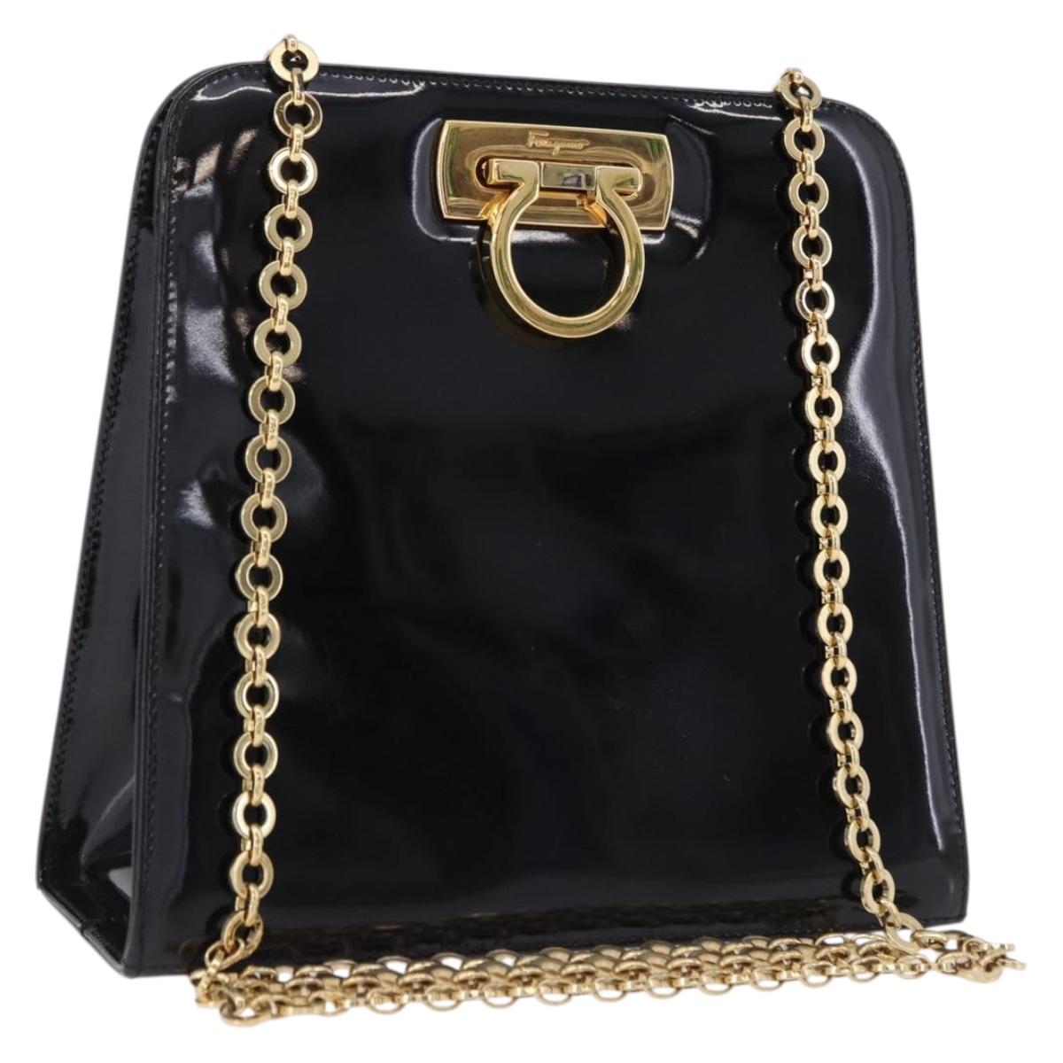 Salvatore Ferragamo Gancini Chain Shoulder Bag Patent Black Gold Auth ka5550A
