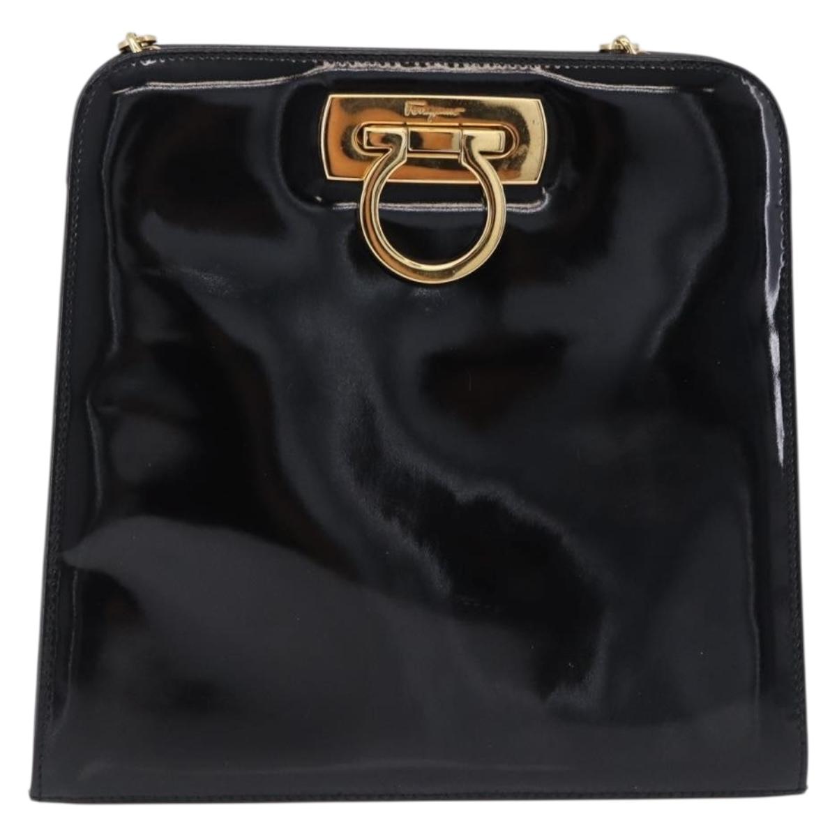 Salvatore Ferragamo Gancini Chain Shoulder Bag Patent Black Gold Auth ka5550A