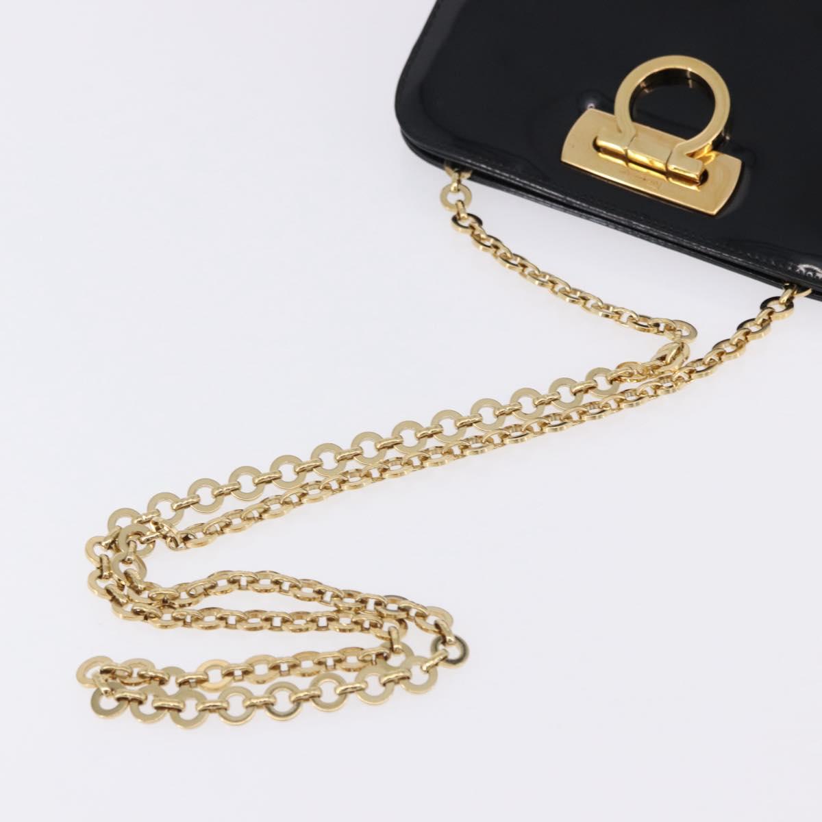 Salvatore Ferragamo Gancini Chain Shoulder Bag Patent Black Gold Auth ka5550A