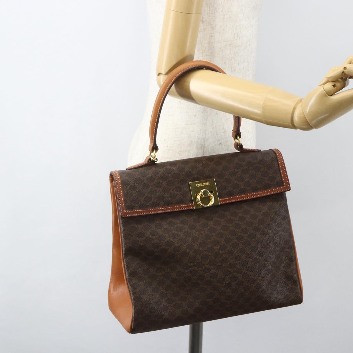 CELINE Macadam Canvas Hand Bag PVC Leather Brown Gold Auth ka556