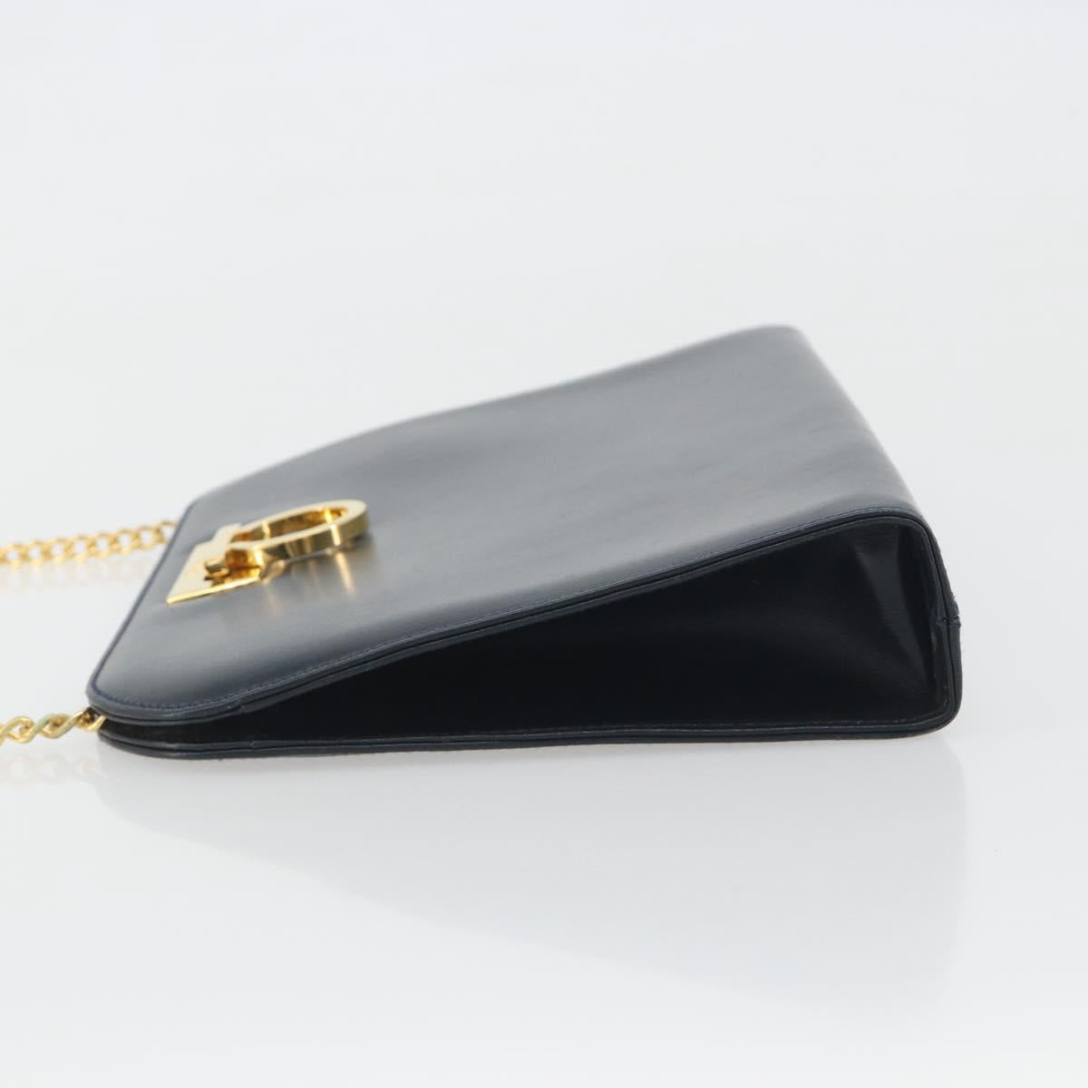 Salvatore Ferragamo Gancini Chain Shoulder Bag Leather Navy Gold Auth ka5564