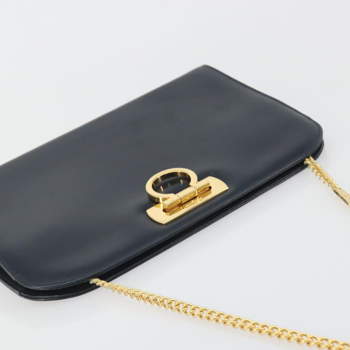 Salvatore Ferragamo Gancini Chain Shoulder Bag Leather Navy Gold Auth ka5564