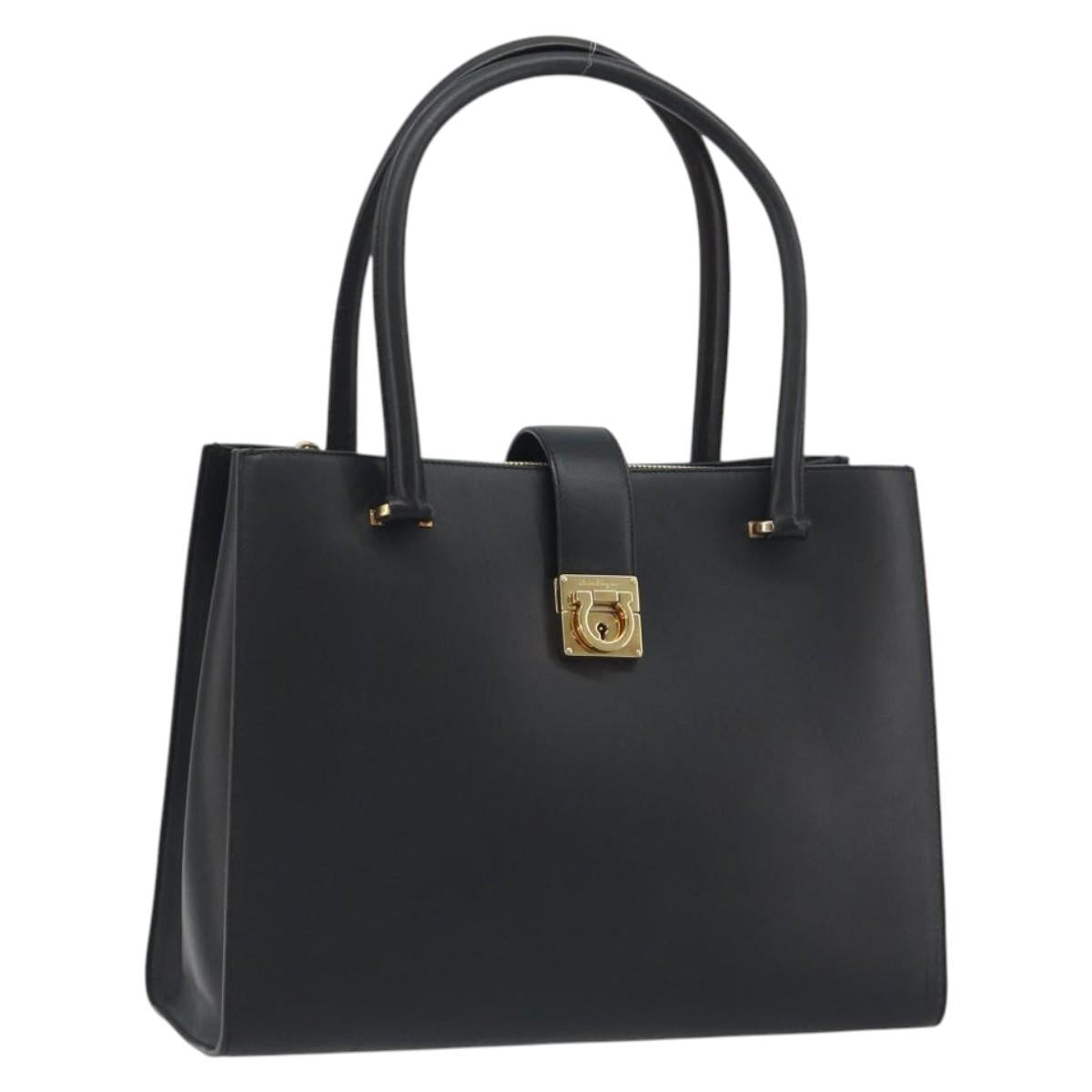 Salvatore Ferragamo Gancini Hand Bag Leather Black Gold Tone Auth ka5566A