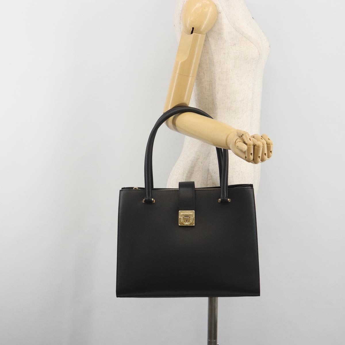 Salvatore Ferragamo Gancini Hand Bag Leather Black Gold Tone Auth ka5566A