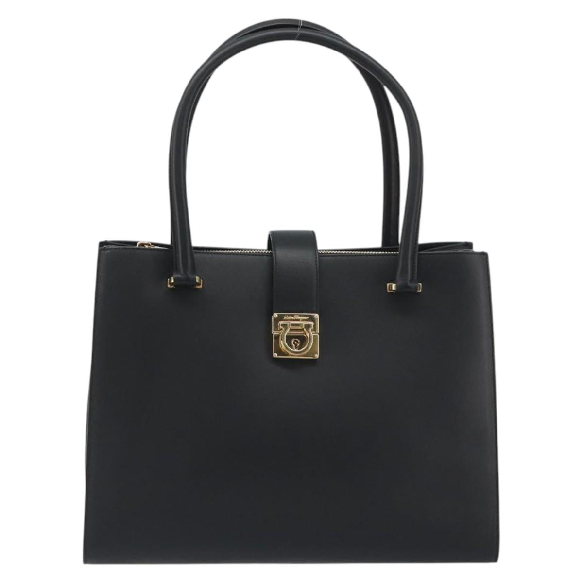 Salvatore Ferragamo Gancini Hand Bag Leather Black Gold Tone Auth ka5566A