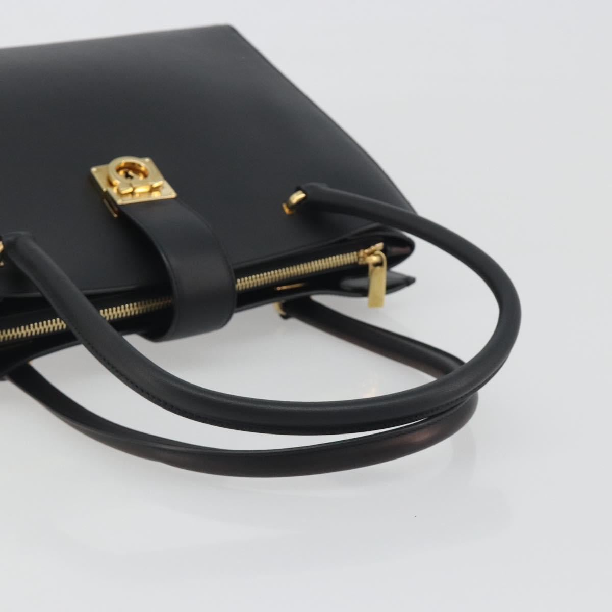 Salvatore Ferragamo Gancini Hand Bag Leather Black Gold Tone Auth ka5566A