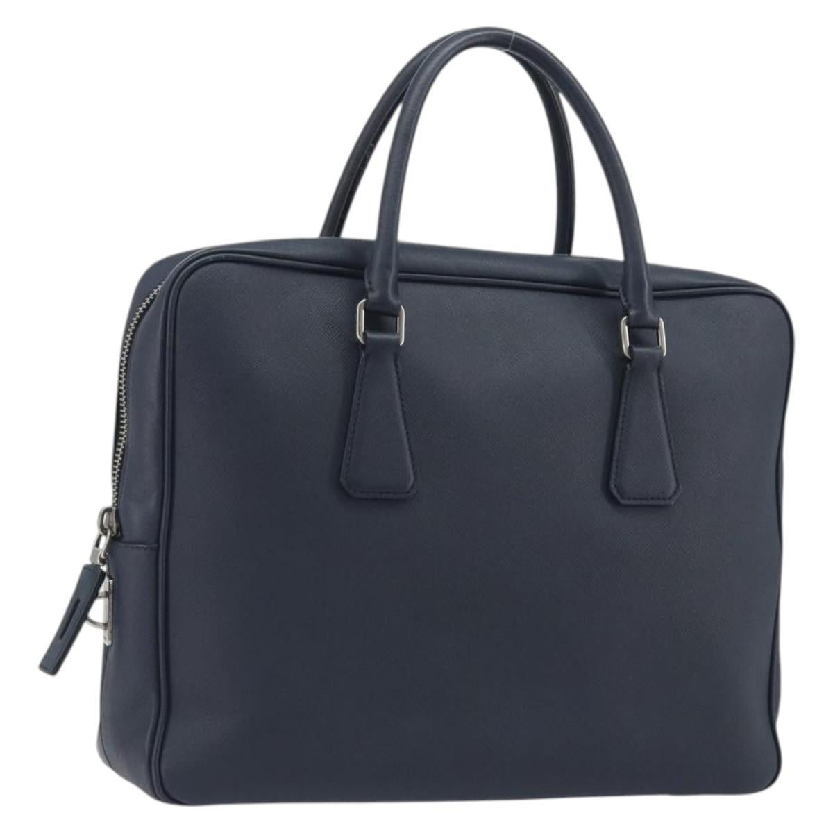 PRADA Saffiano Business Bag Navy Silver Auth ka5567A