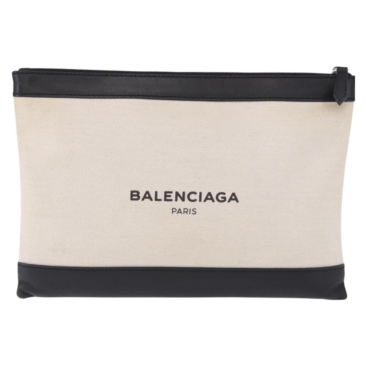 BALENCIAGA Navy Clip M Clutch Bag Canvas White Black 373834 Auth ka5572