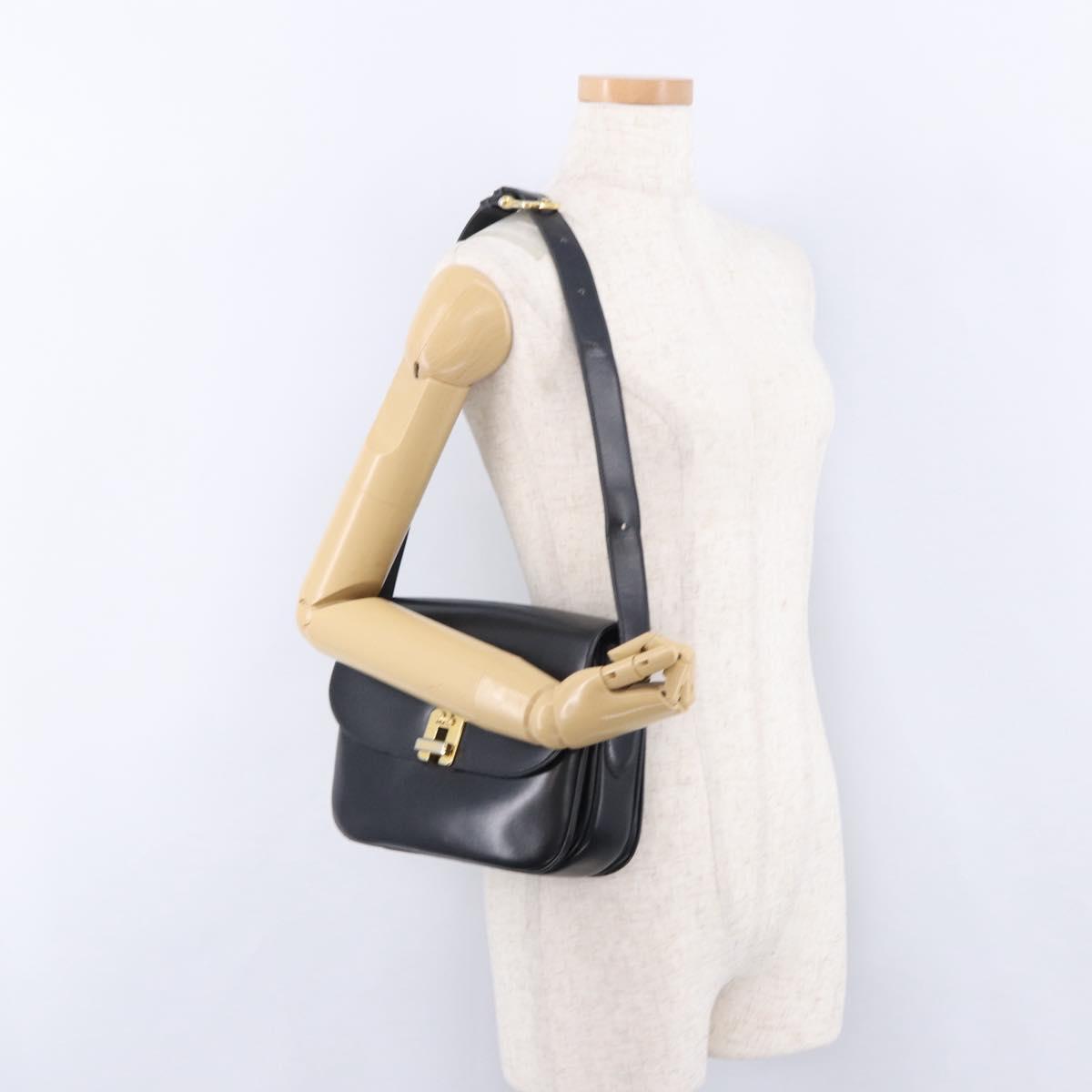 CELINE Horse Carriage Shoulder Bag Leather Black Gold Tone Auth ka5574