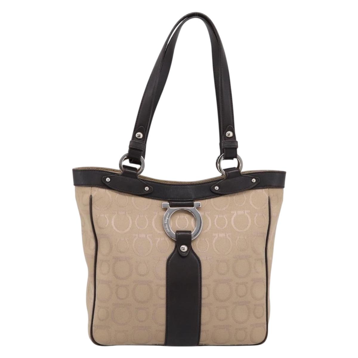 Salvatore Ferragamo Gancini Tote Bag Canvas Beige Silver Auth ka5583A
