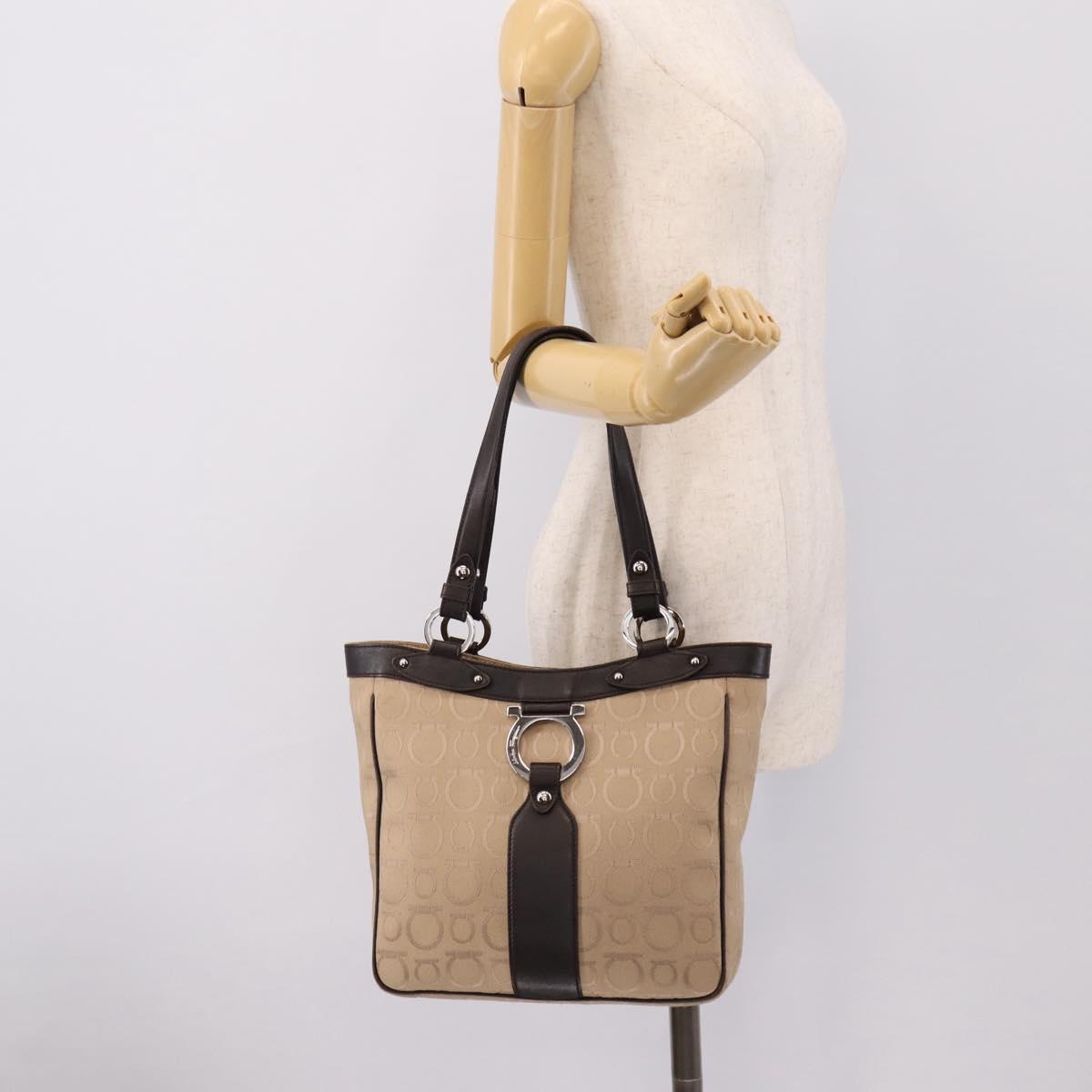 Salvatore Ferragamo Gancini Tote Bag Canvas Beige Silver Auth ka5583A
