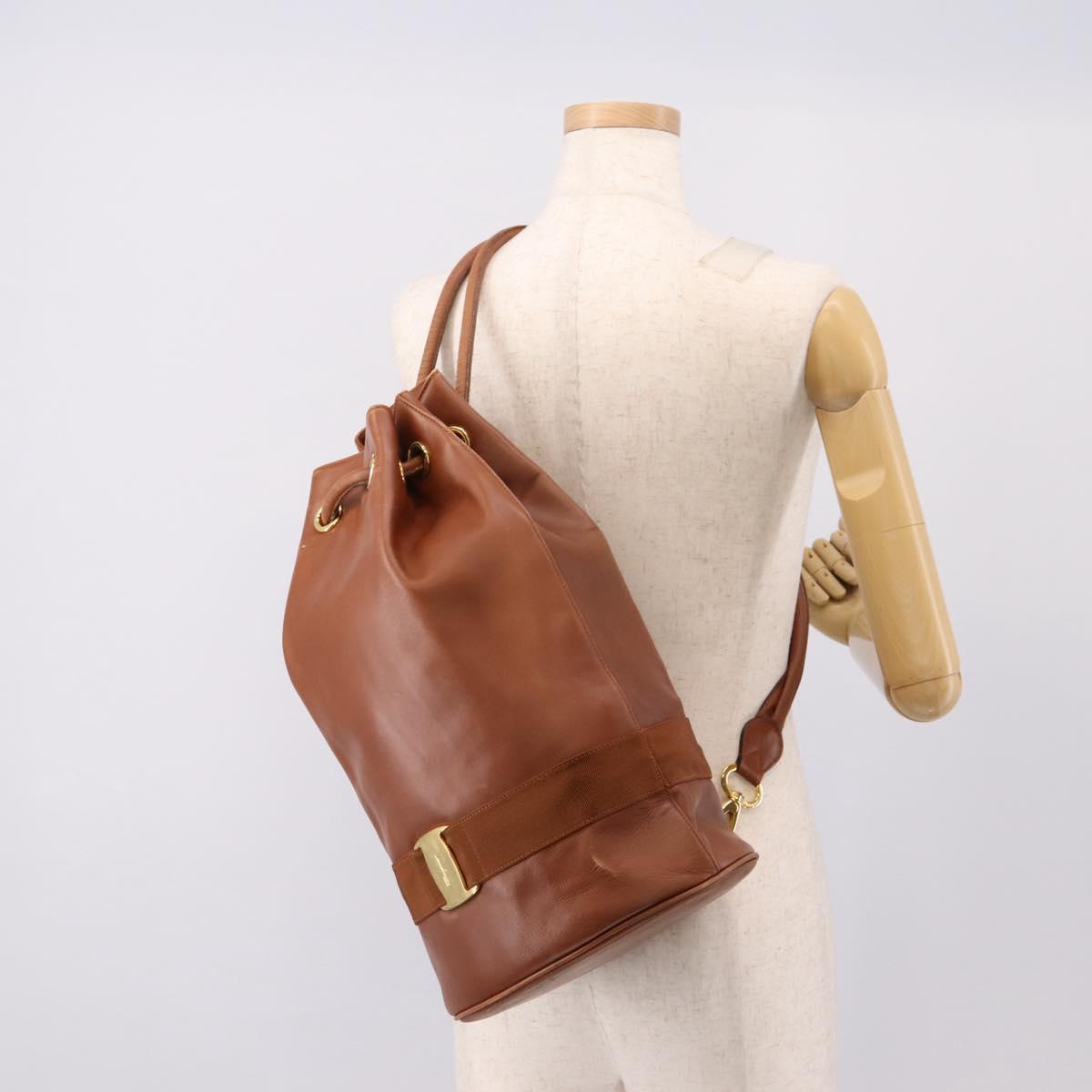 Salvatore Ferragamo Vala Backpack Leather Brown Gold Auth ka5589