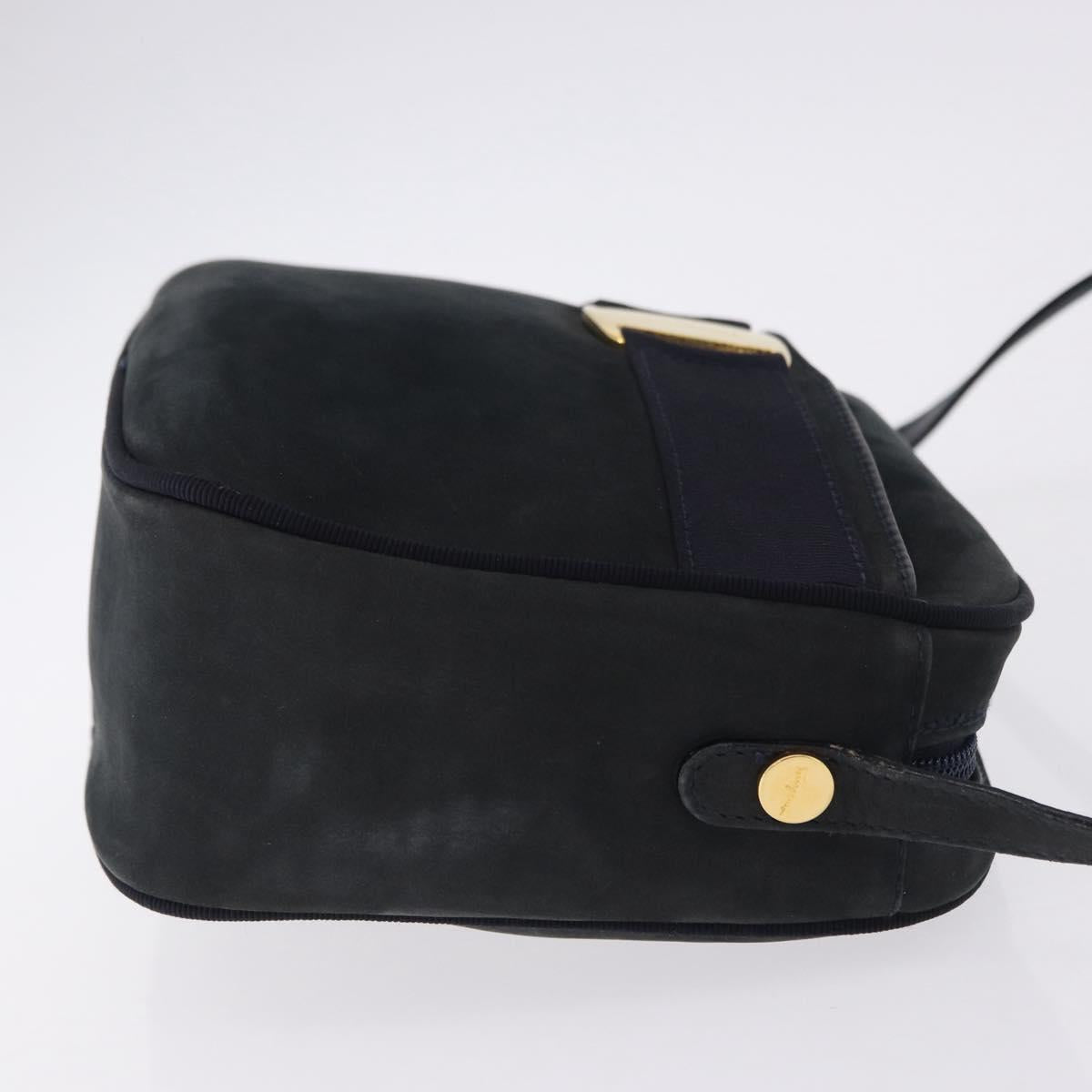 Salvatore Ferragamo Vala Shoulder Bag Suede Navy Gold Auth ka5596