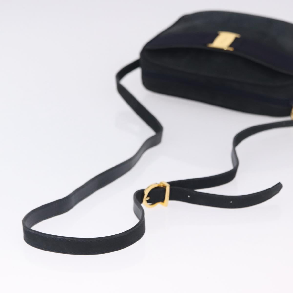 Salvatore Ferragamo Vala Shoulder Bag Suede Navy Gold Auth ka5596