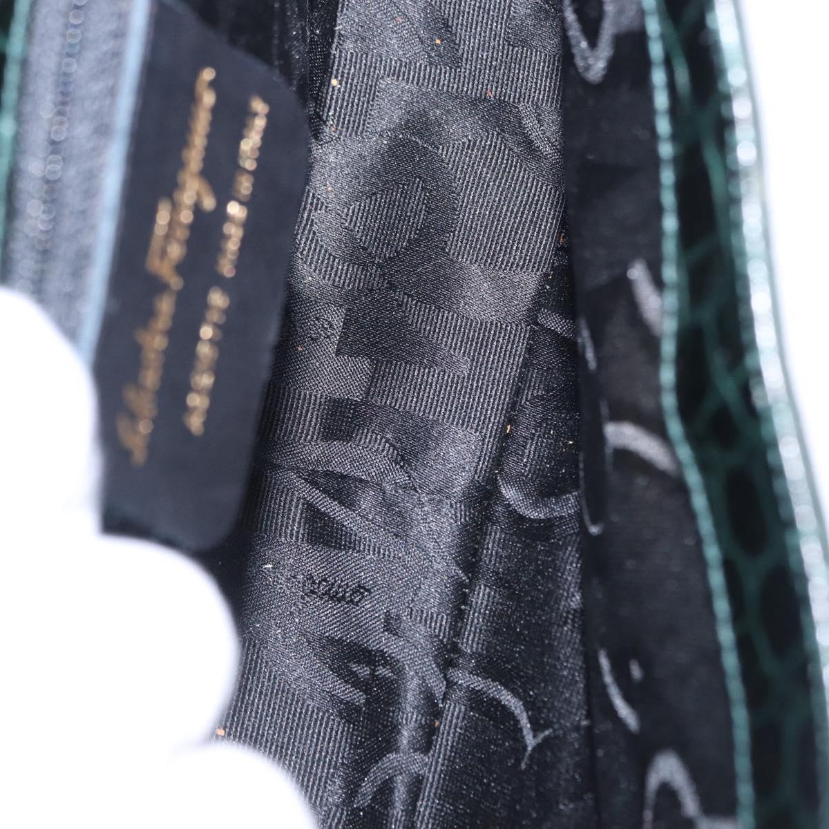 Salvatore Ferragamo Gancini Bag Leather embossed Green Gold Auth ka5598A