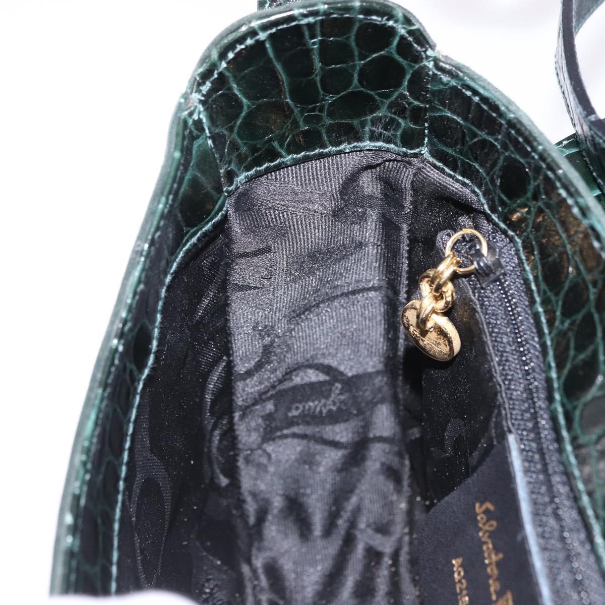 Salvatore Ferragamo Gancini Bag Leather embossed Green Gold Auth ka5598A
