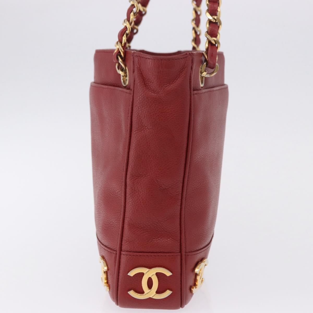 CHANEL Triple COCO Mark Chain Shoulder Bag Caviar Skin Red Gold CC Auth ka5622
