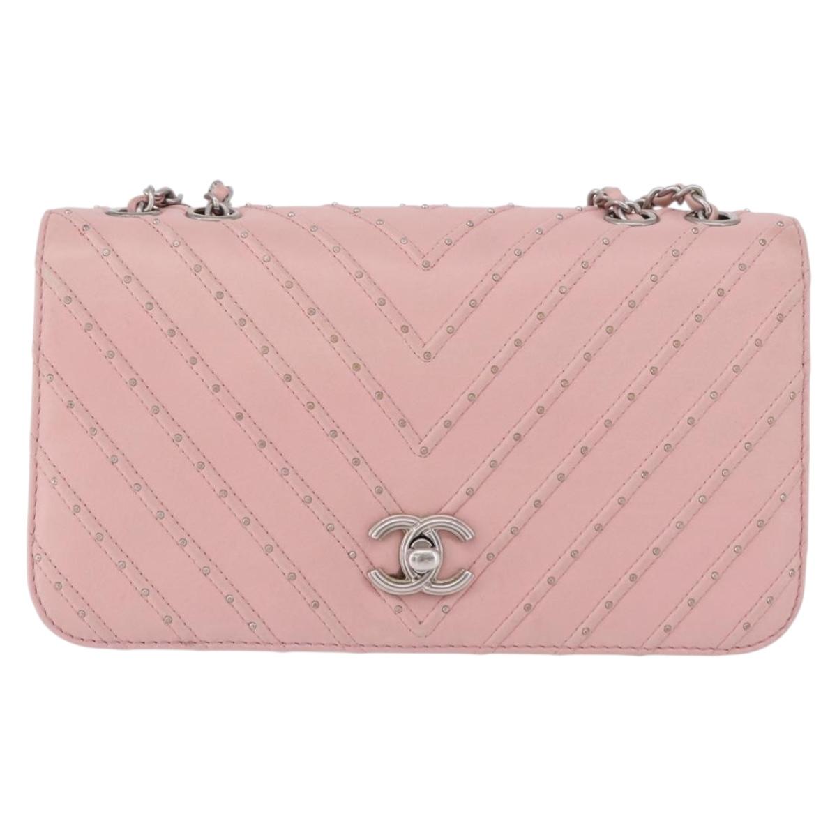 CHANEL V Stitch Chain Studs Shoulder Bag Lamb Skin Pink Silver CC Auth ka5624SAV