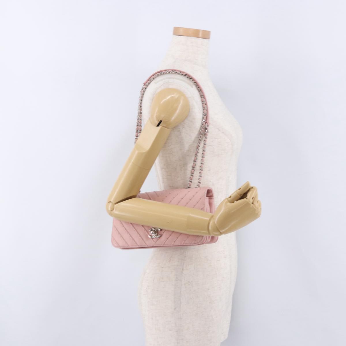 CHANEL V Stitch Chain Studs Shoulder Bag Lamb Skin Pink Silver CC Auth ka5624SAV