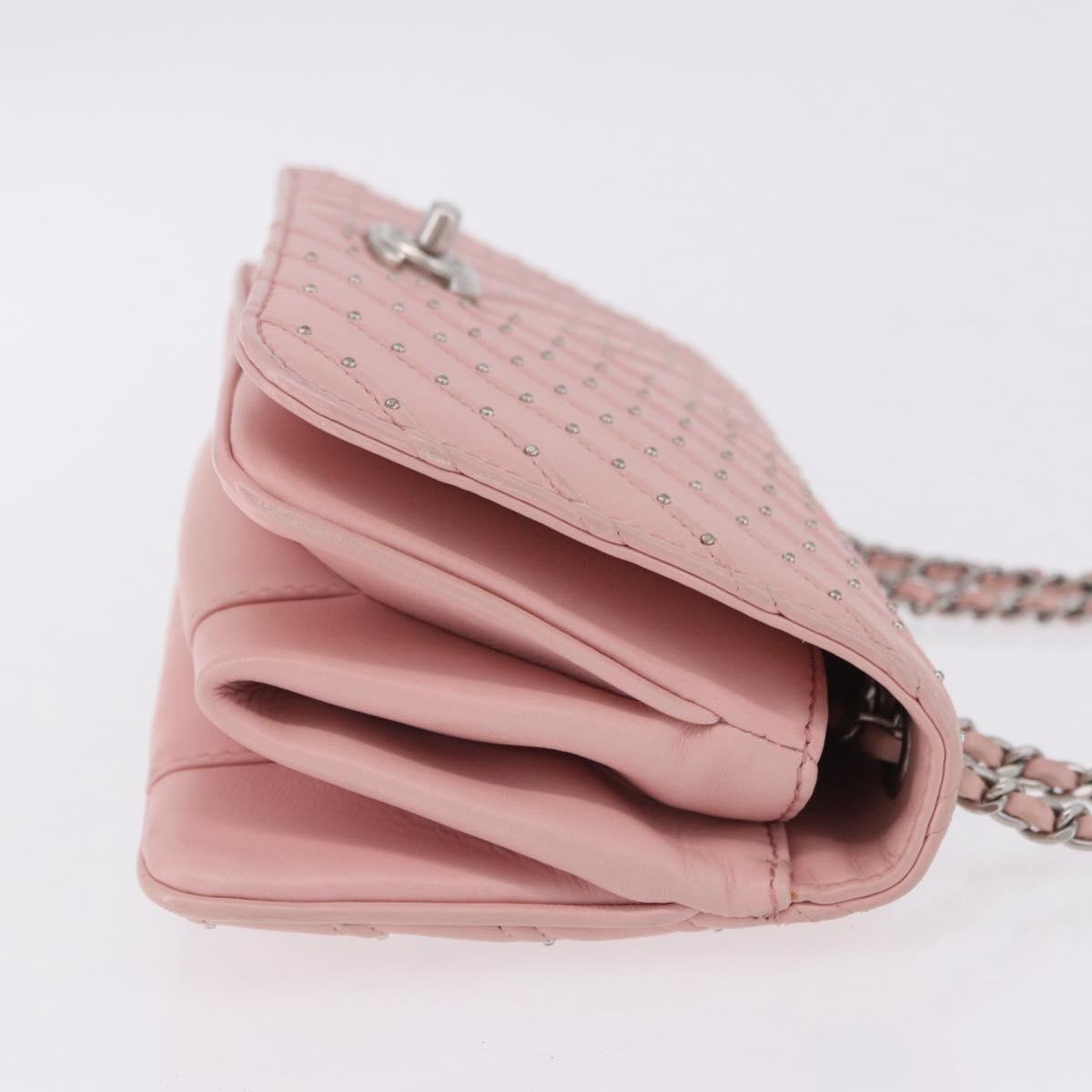 CHANEL V Stitch Chain Studs Shoulder Bag Lamb Skin Pink Silver CC Auth ka5624SAV