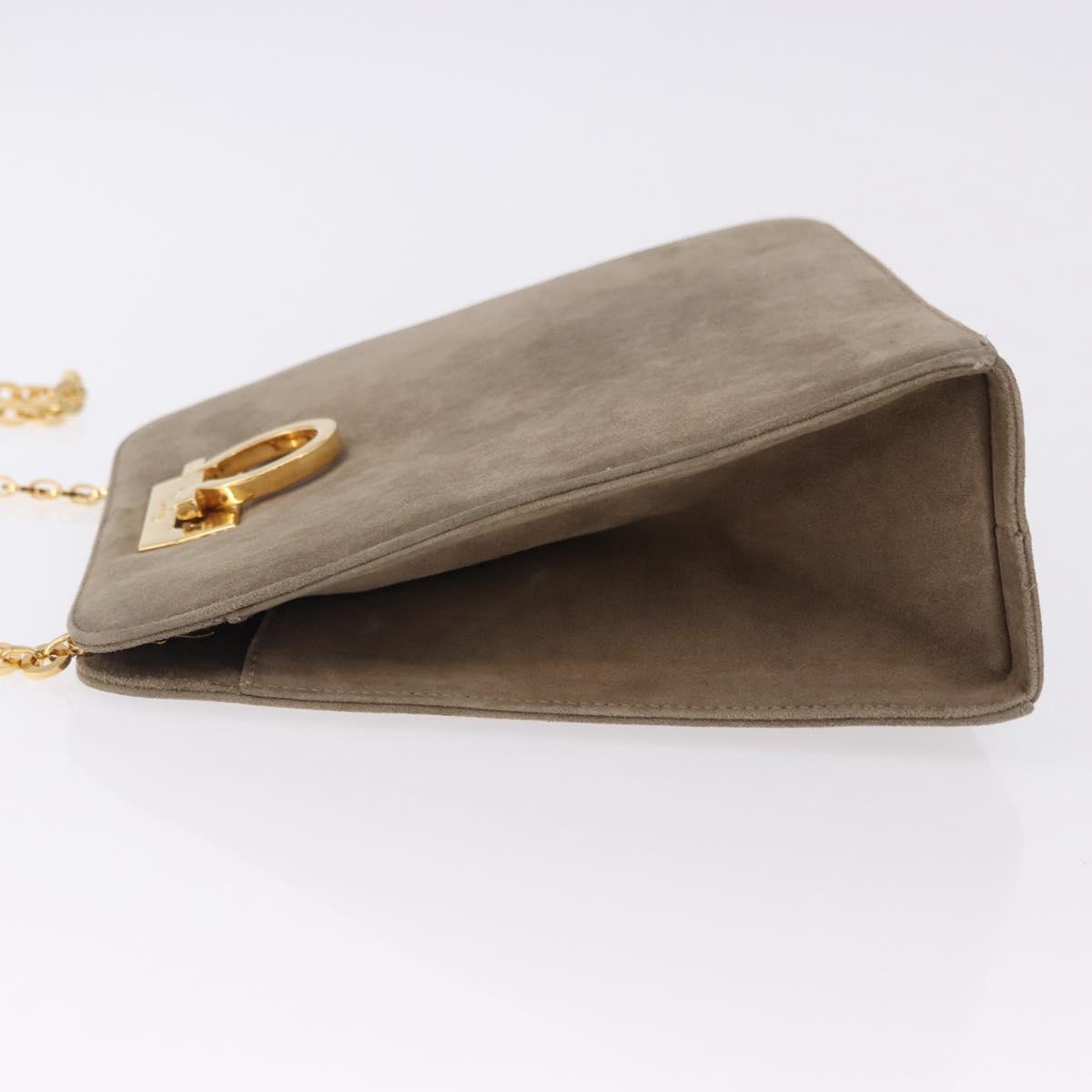 Salvatore Ferragamo Gancini Chain Shoulder Bag Suede Beige Gold Auth ka5639