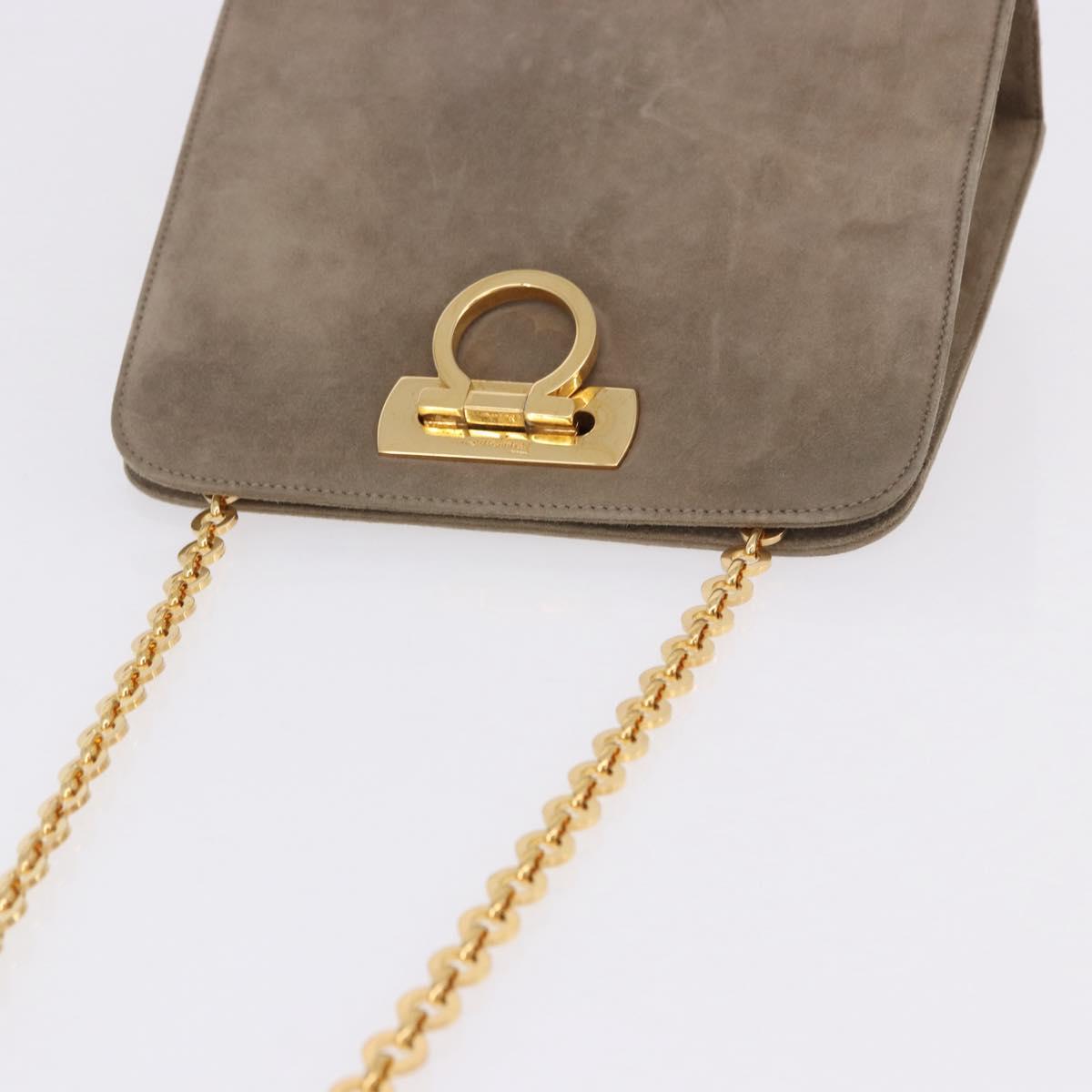 Salvatore Ferragamo Gancini Chain Shoulder Bag Suede Beige Gold Auth ka5639