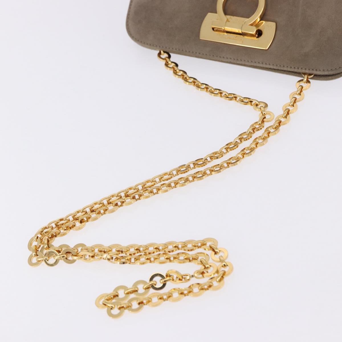 Salvatore Ferragamo Gancini Chain Shoulder Bag Suede Beige Gold Auth ka5639