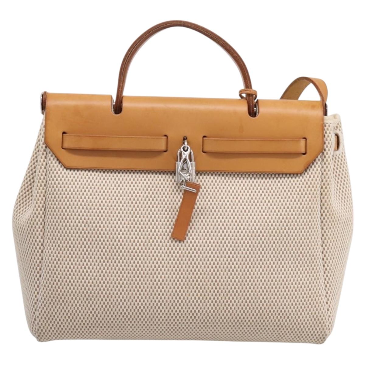 HERMES Herbag Ad PM Backpack Canvas Leather Beige Silver Auth ka5642V