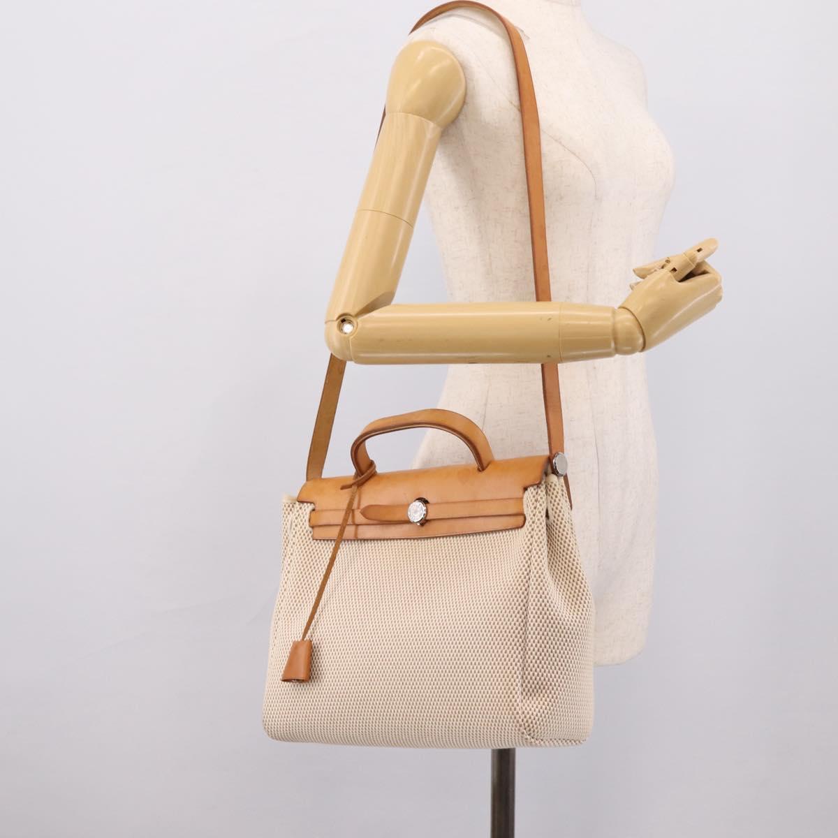 HERMES Herbag Ad PM Backpack Canvas Leather Beige Silver Auth ka5642V