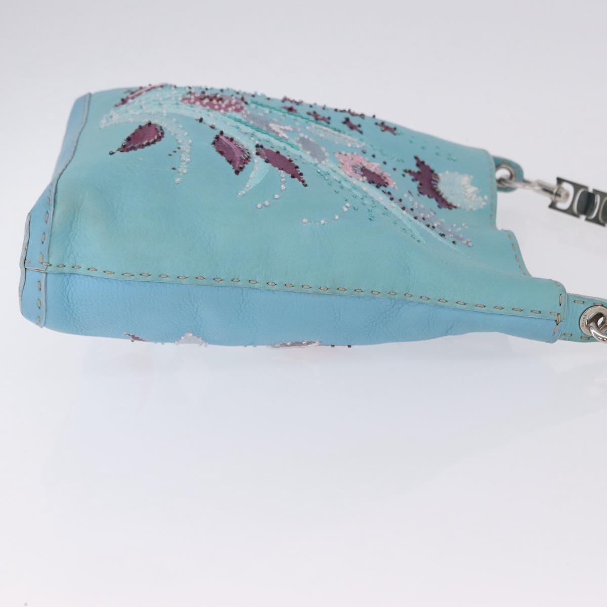 FENDI Celeria Shoulder Bag Leather Light Blue Silver Auth ka5643A