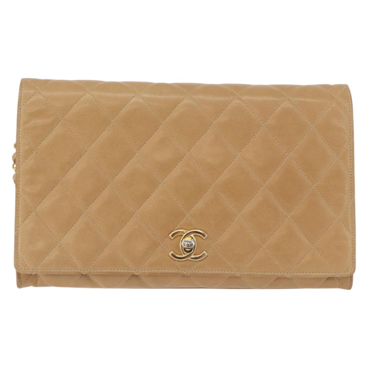 CHANEL Matelasse Chain Shoulder Bag Lamb Skin Beige Gold CC Auth ka5647V