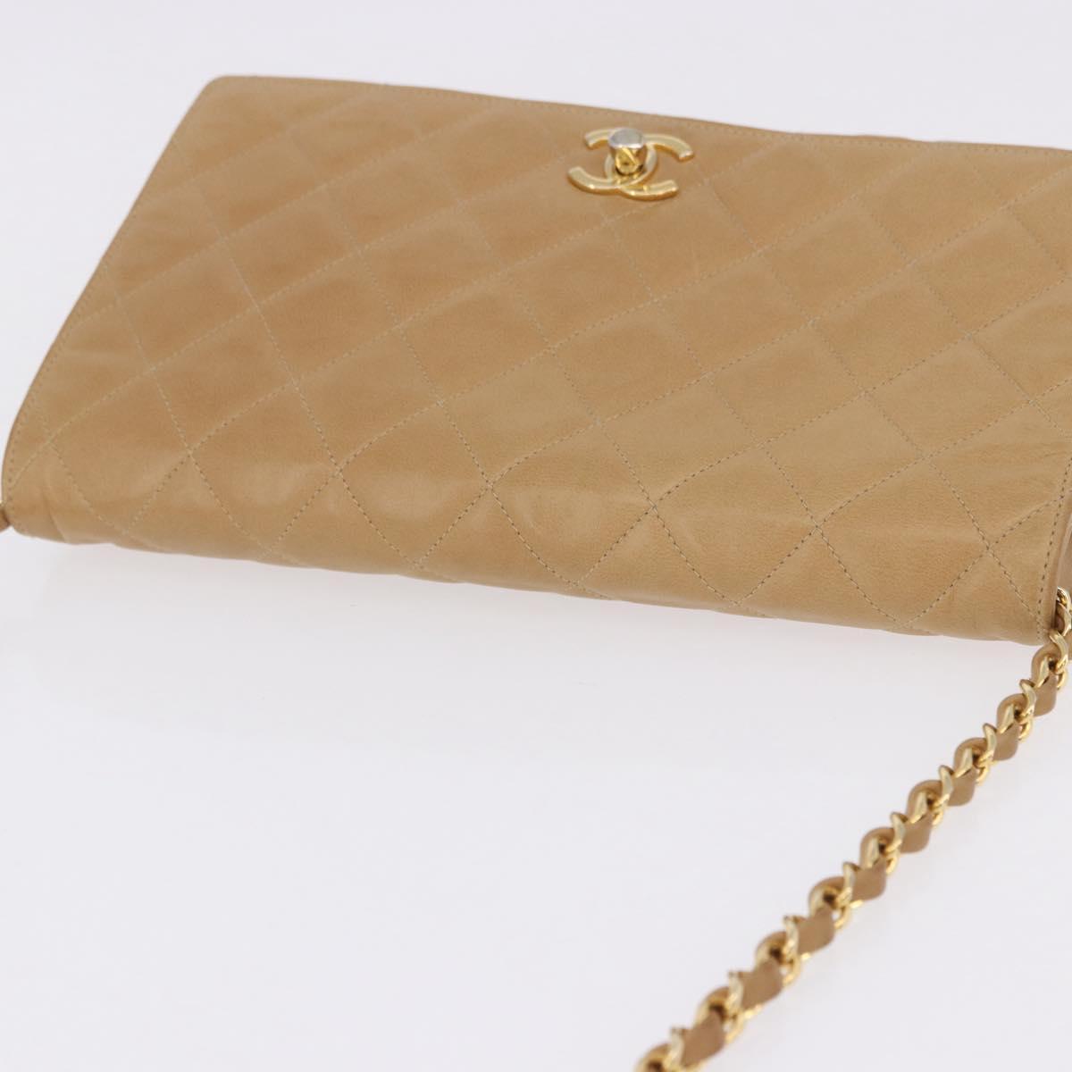 CHANEL Matelasse Chain Shoulder Bag Lamb Skin Beige Gold CC Auth ka5647V
