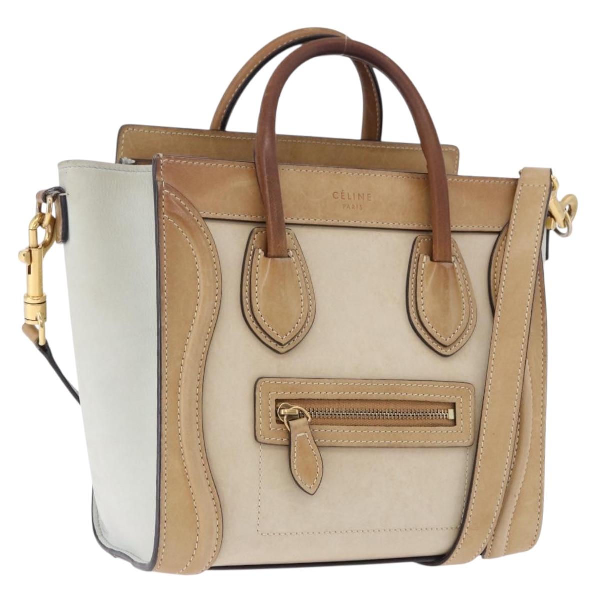 CELINE Luggage Nano Hand Bag Leather Suede 2way Beige Gold Auth ka5649A