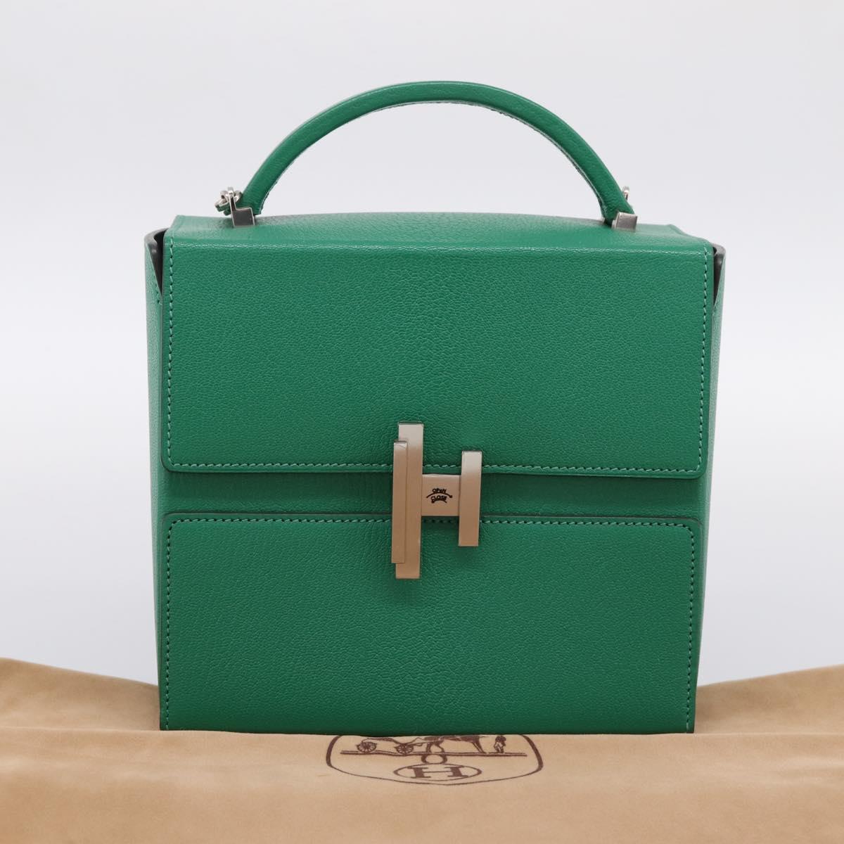 HERMES Synetique Chevre Hand Bag Leather Green Silver Auth ka5671SAM