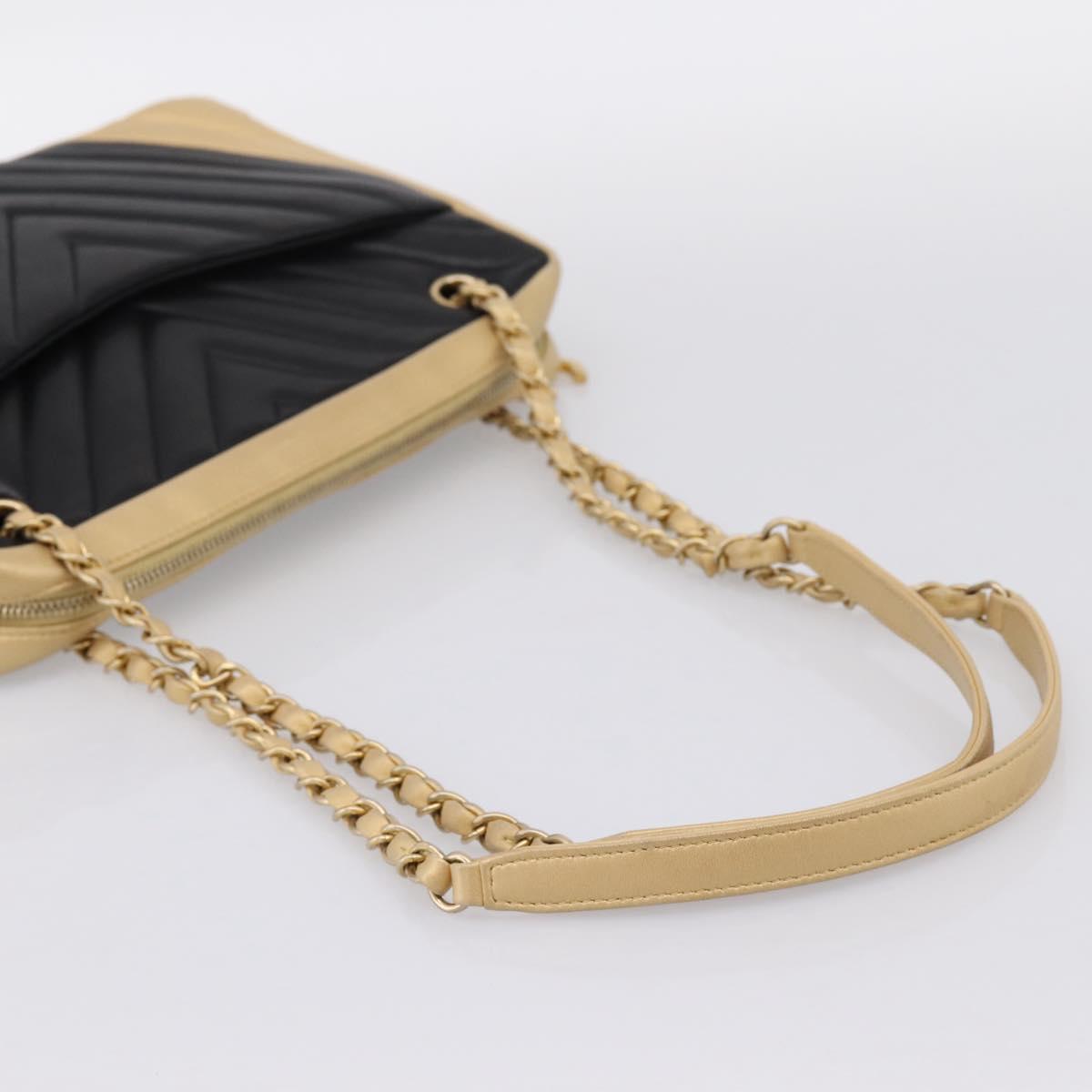 CHANEL V Stitch Chain Shoulder Bag Lamb Skin Beige Gold CC Auth ka5675V