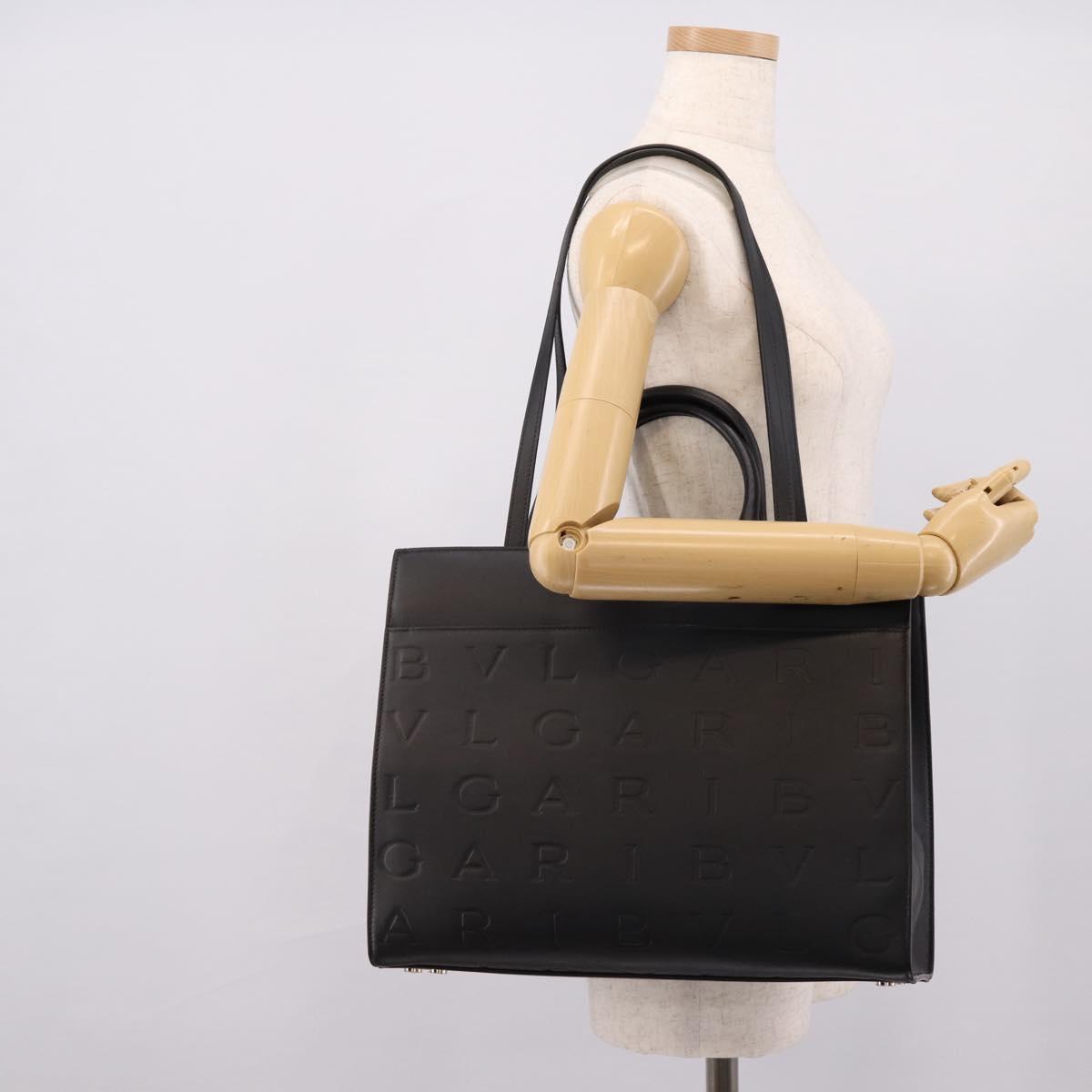 BVLGARI Tote Bag Leather 2way Black Gold Auth ka5676V