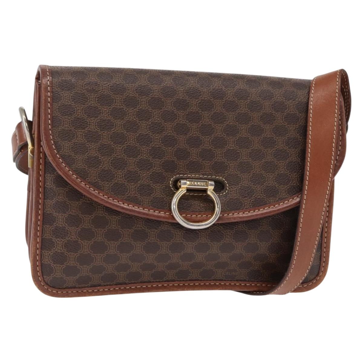 CELINE Macadam Canvas Shoulder Bag PVC Leather Brown Gold Auth ka570