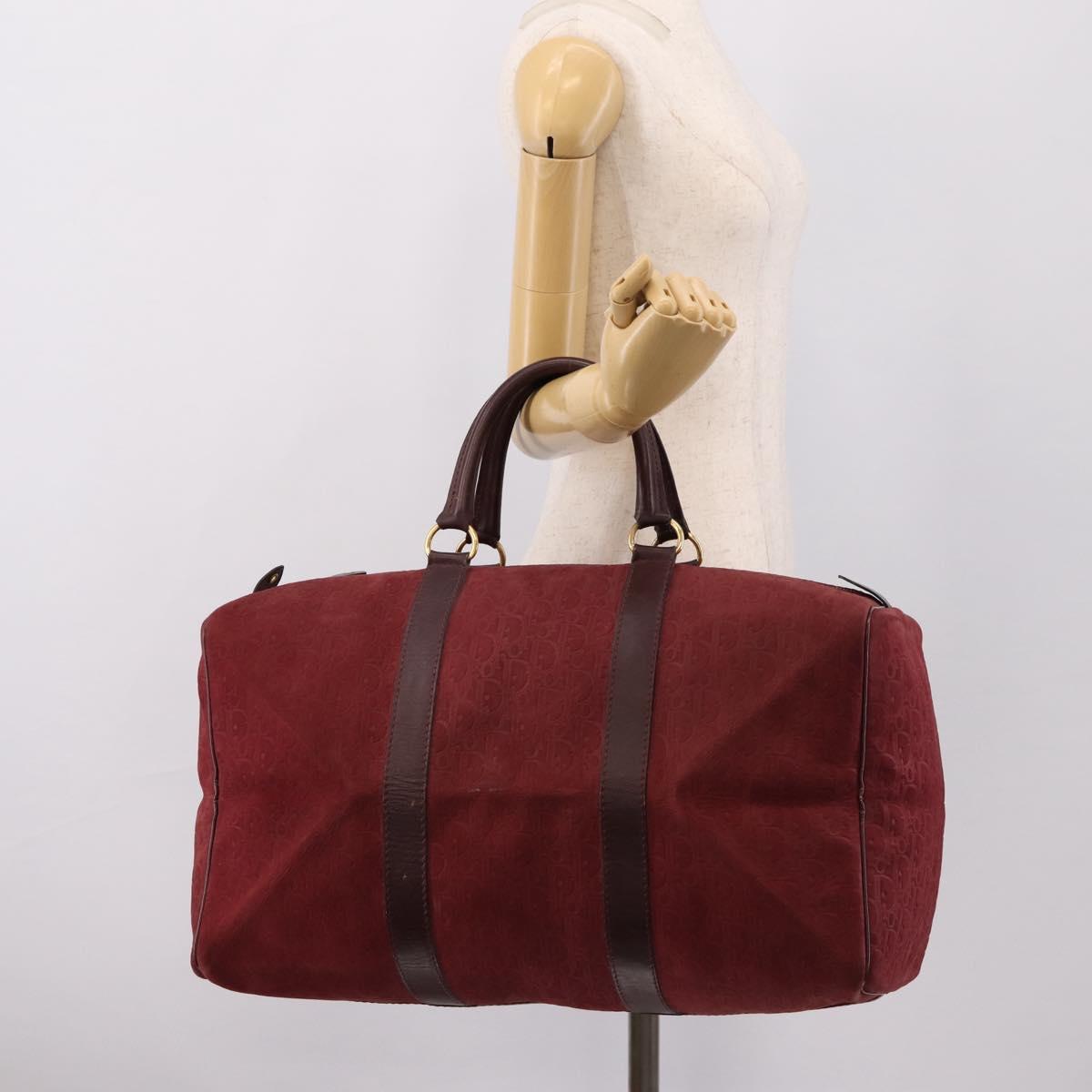 Christian Dior Trotter Canvas Boston Bag Suede Red Gold Auth ka5703