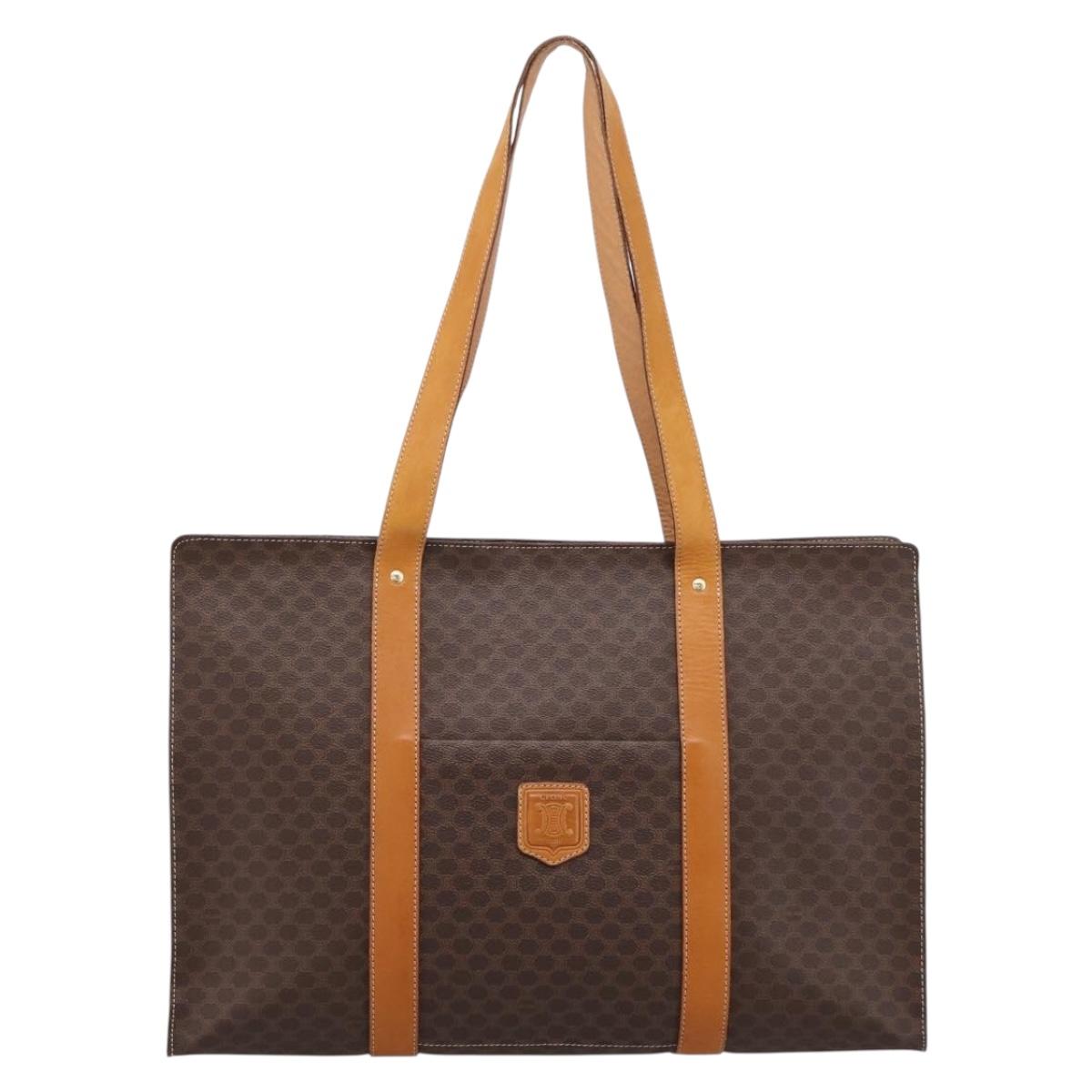 CELINE Macadam Canvas Tote Bag PVC Leather Brown Gold Auth ka5704