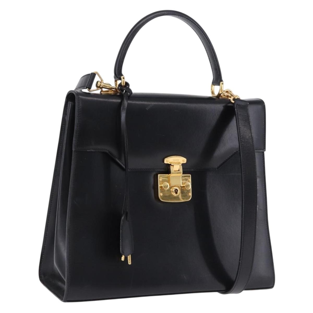 GUCCI Bamboo Hand Bag Leather 2way Black Gold Auth ka5708