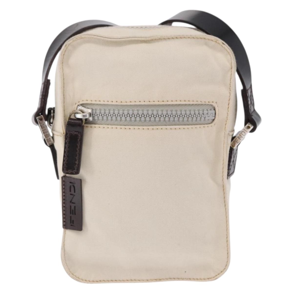 FENDI Shoulder Pouch Canvas Beige Silver Auth ka5734