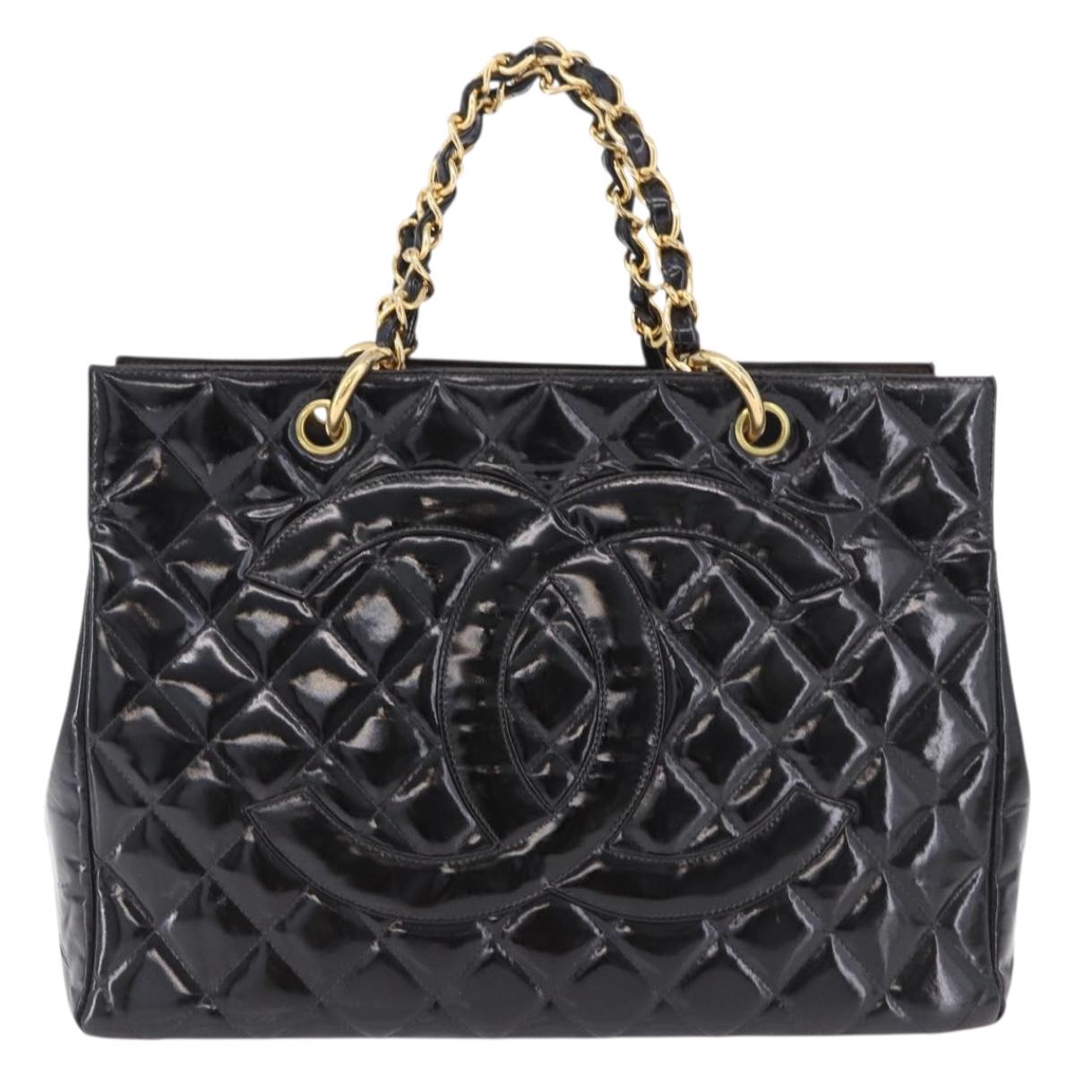 CHANEL Matelasse Chain Hand Bag Patent leather Black Gold CC Auth ka5737