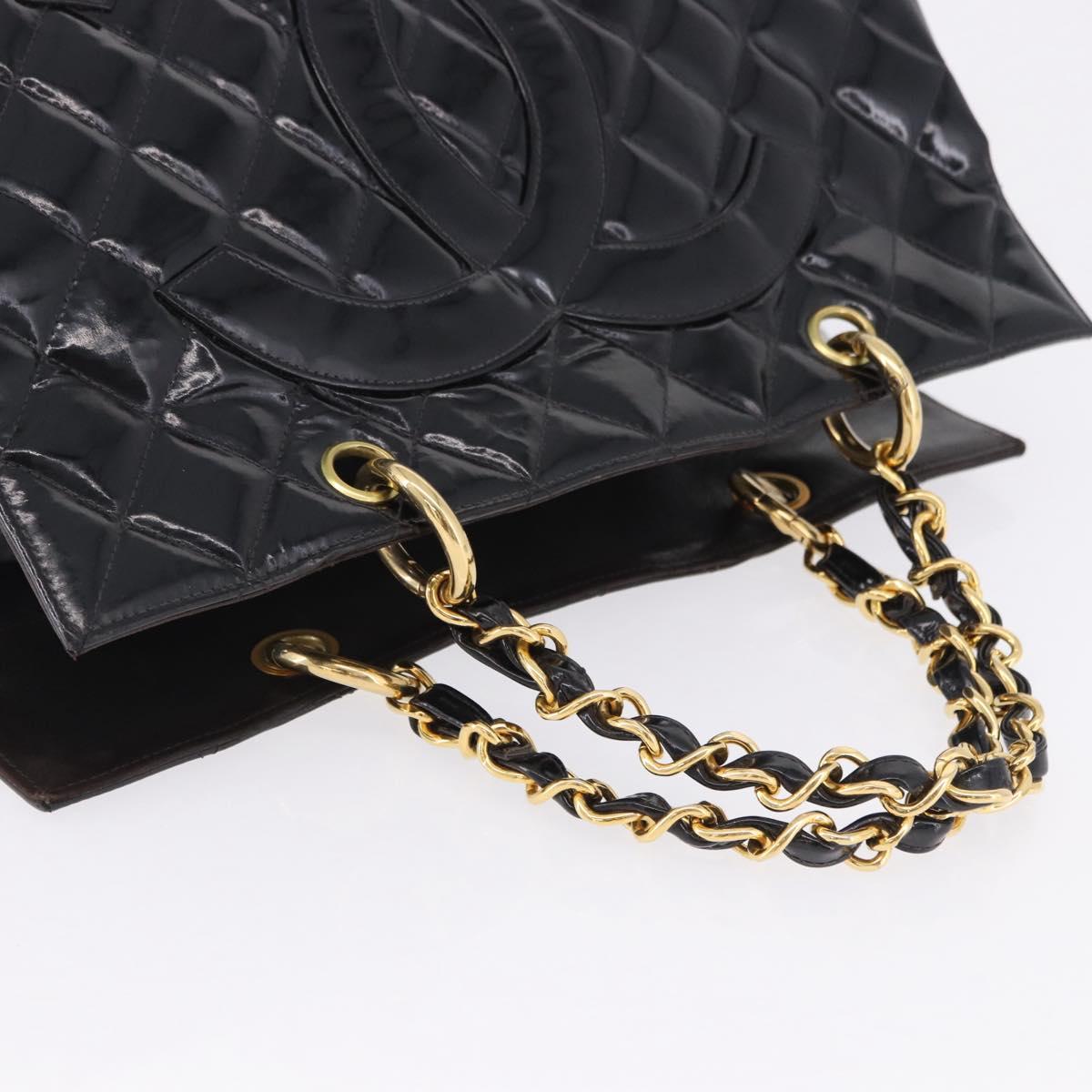 CHANEL Matelasse Chain Hand Bag Patent leather Black Gold CC Auth ka5737