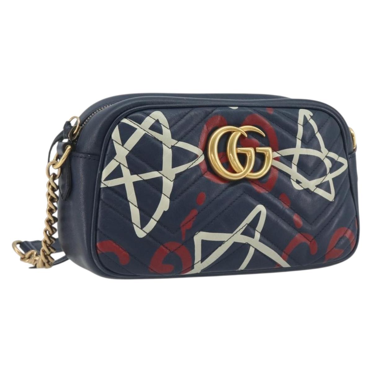 GUCCI GG Marmont Shoulder Bag Leather Navy Gold 447632 Auth ka5749A